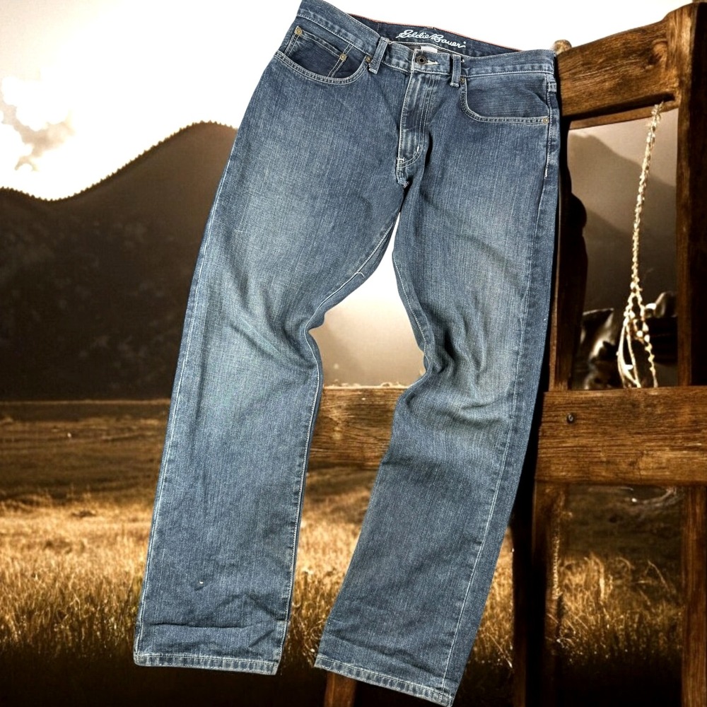 Eddie Bauer Jeans Men‎ 33x32 Straight Fit Denim Blue Distressed Casual